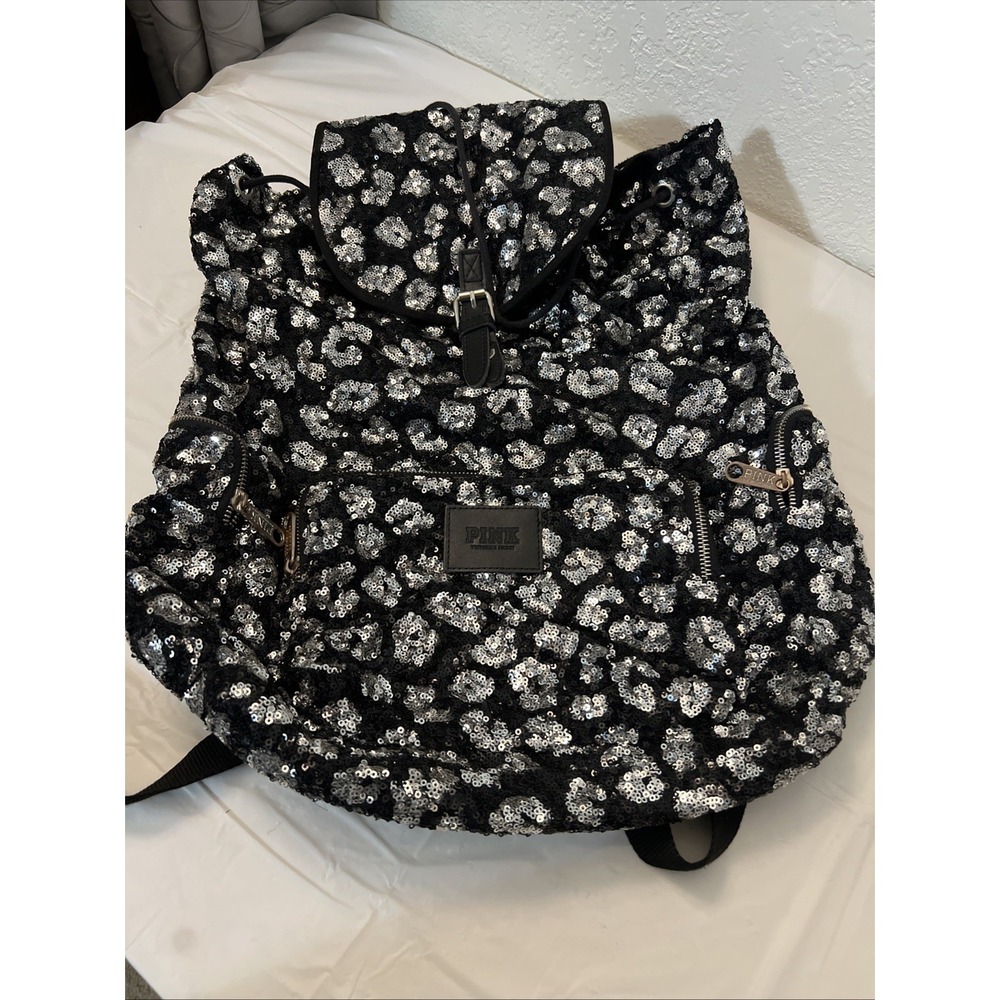 Victoria's Secret Pink Sequins Black‎ Silver Cheetah Limited Backpack 2013 Bling
